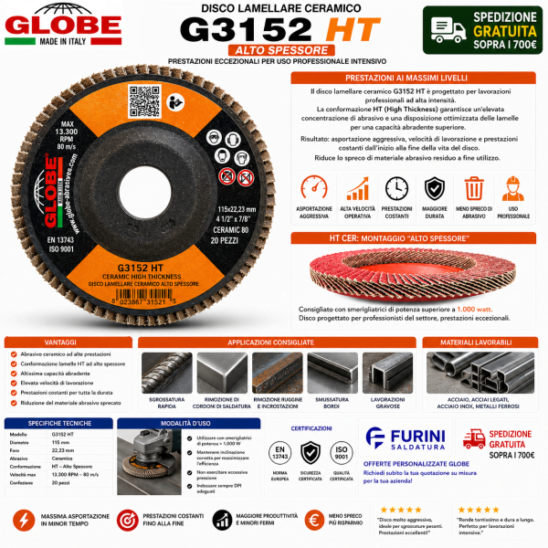 Disco lamellare ceramico GLOBE G3152 HT 115 mm alto spessore per sgrossatura metalli