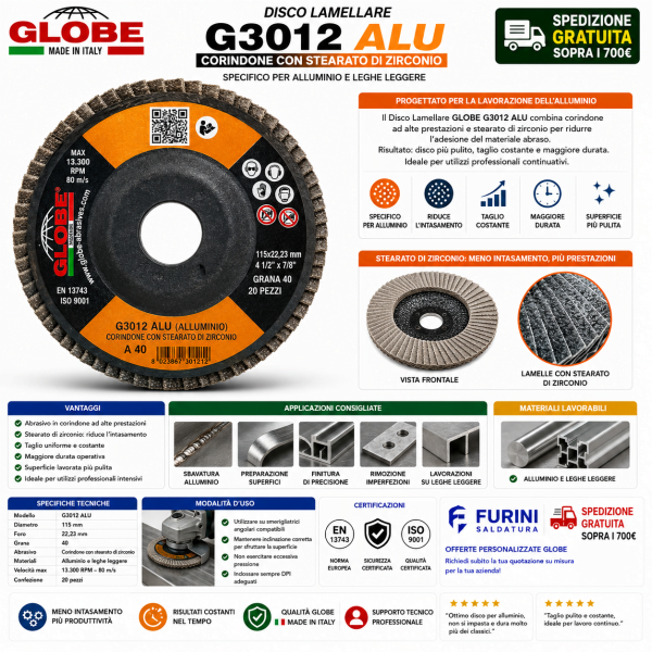 Disco lamellare GLOBE G3012 ALU 115 mm grana 40 per alluminio e leghe leggere