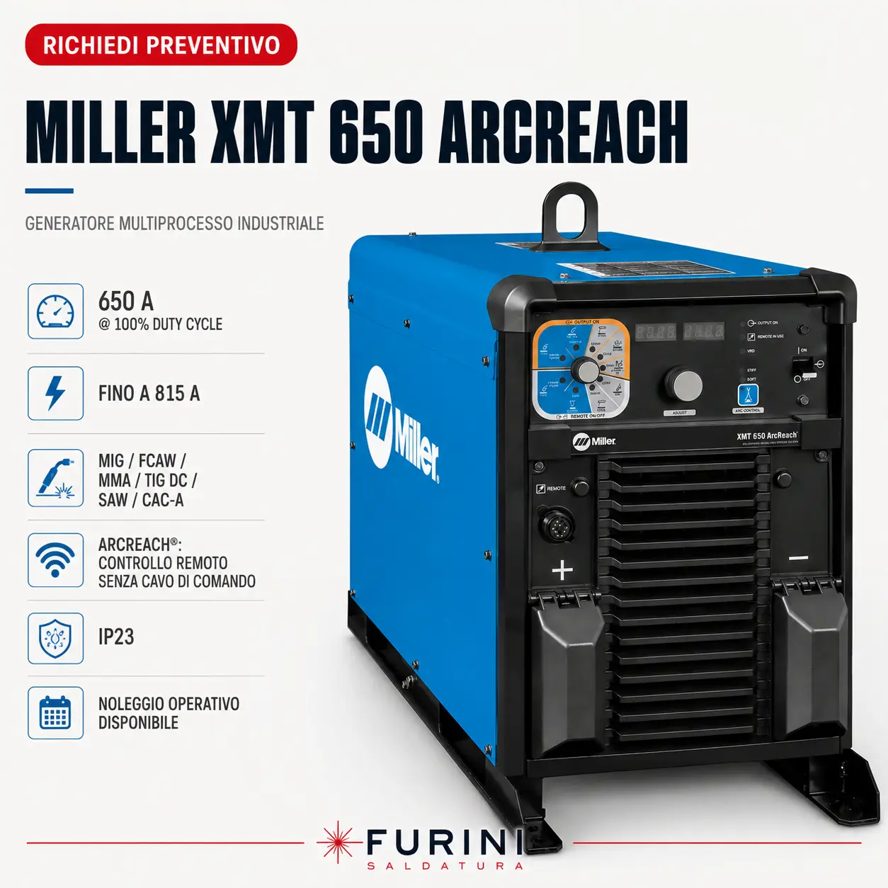 Miller XMT 650 ArcReach generatore multiprocesso industriale 650 A duty cycle 100%