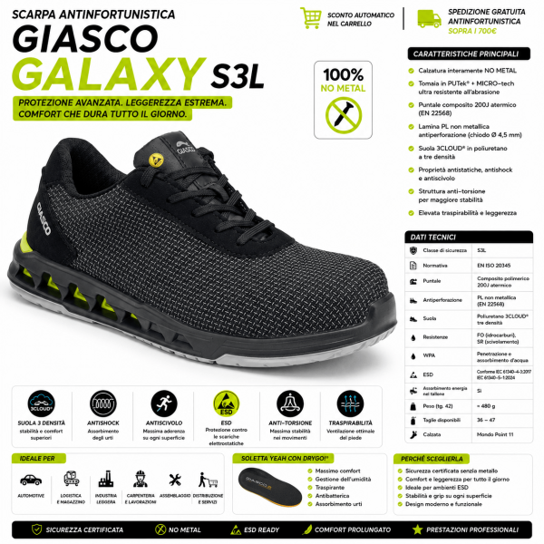 Giasco GALAXY S3L è una scarpa antinfortunistica bassa pensata per contesti professionali dinamici