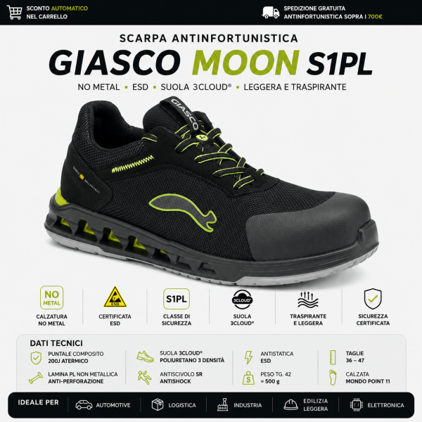 Giasco MOON S1PL è progettata per chi lavora in ambienti dinamici e necessita di massima leggerezza