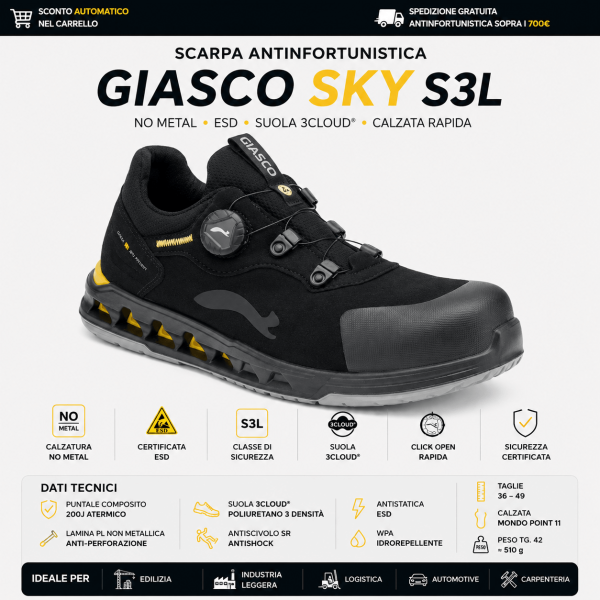 Giasco SKY S3L è una scarpa antinfortunistica bassa progettata per ambienti professionali ad alta intensità