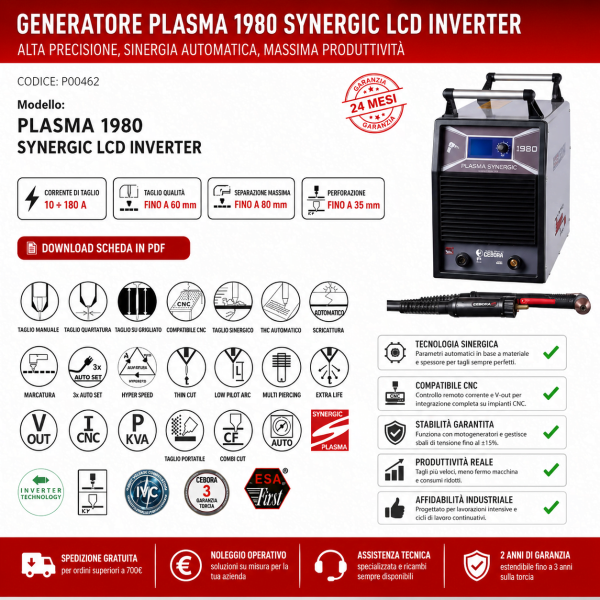 Plasma 1980 Synergic LCD Elettro C.F. 180A per taglio manuale e CNC