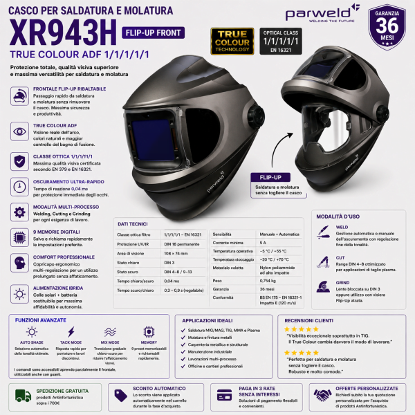 Casco automatico saldatura XR943H Flip-Up True Colour per TIG MIG MAG taglio e molatura