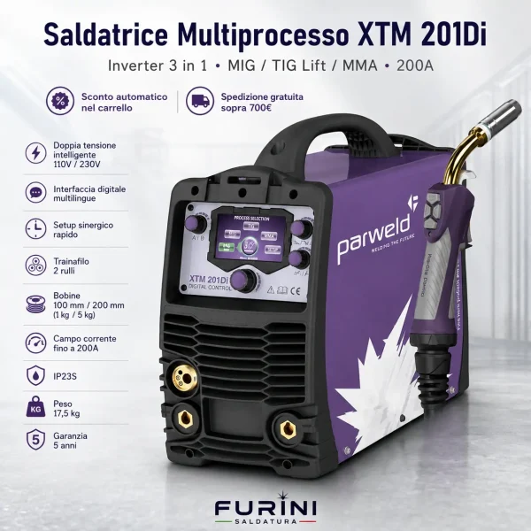 Saldatrice multiprocesso PARWELD XTM 201Di 200A MIG TIG MMA sinergica