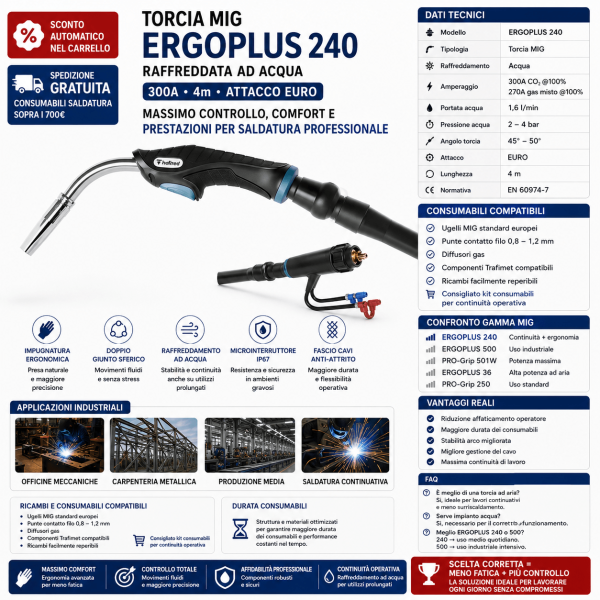 ERGOPLUS 240 da 300A raffreddata ad acqua è progettata per offrire massimo controllo, ergonomia avanzata e continuità operativa