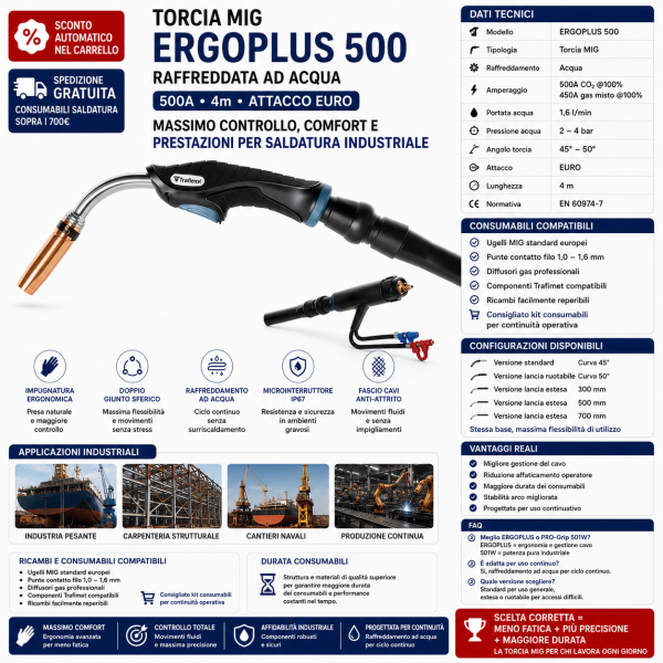 ERGOPLUS 500 da 500A raffreddata ad acqua è progettata per garantire prestazioni elevate, ergonomia avanzata e massima affidabilità