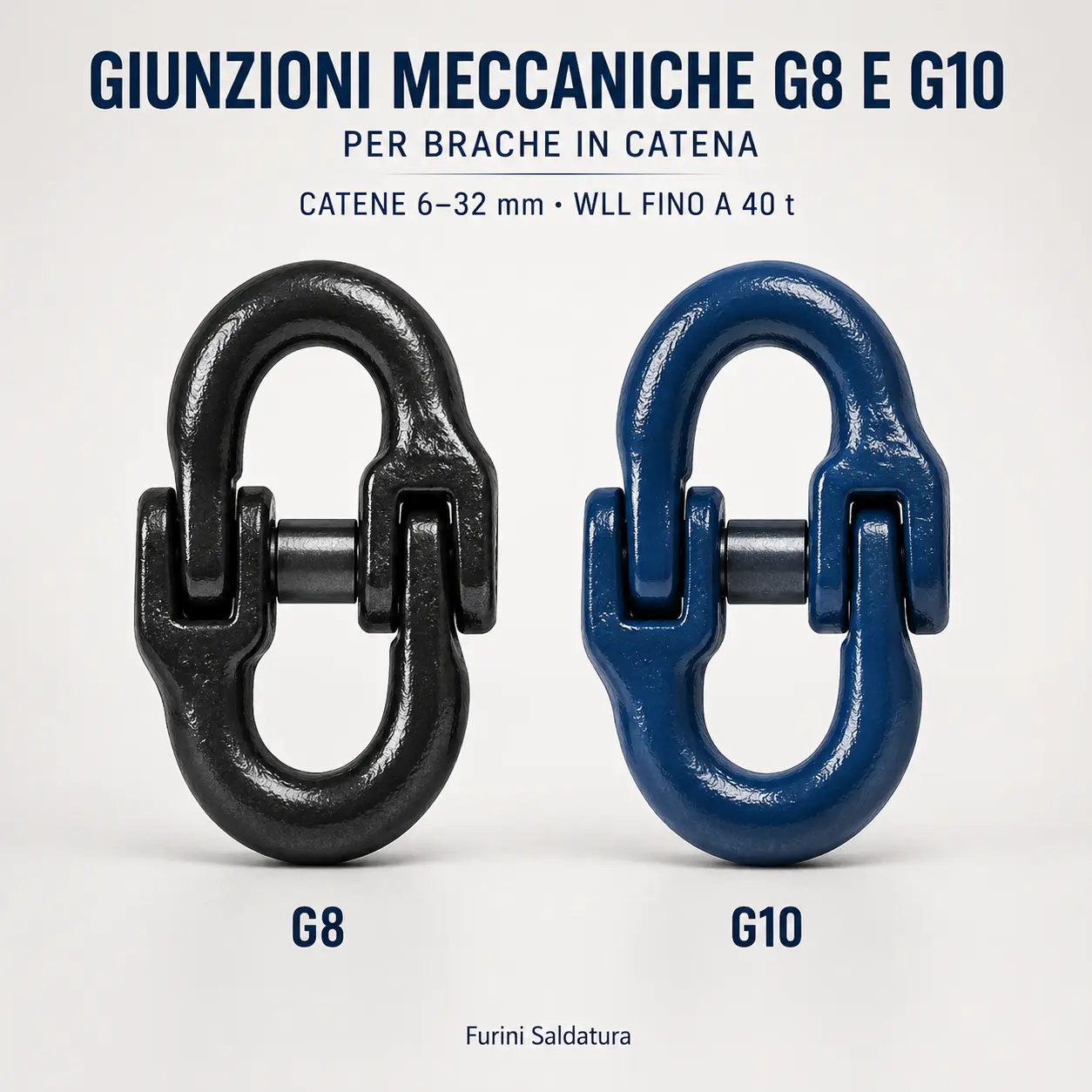 Giunzioni meccaniche G8 nere e G10 blu per brache in catena