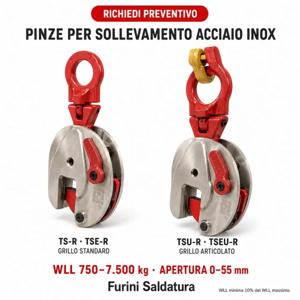 Pinze per sollevamento acciaio inox TS-R TSE-R TSU-R e TSEU-R con grillo standard e articolato