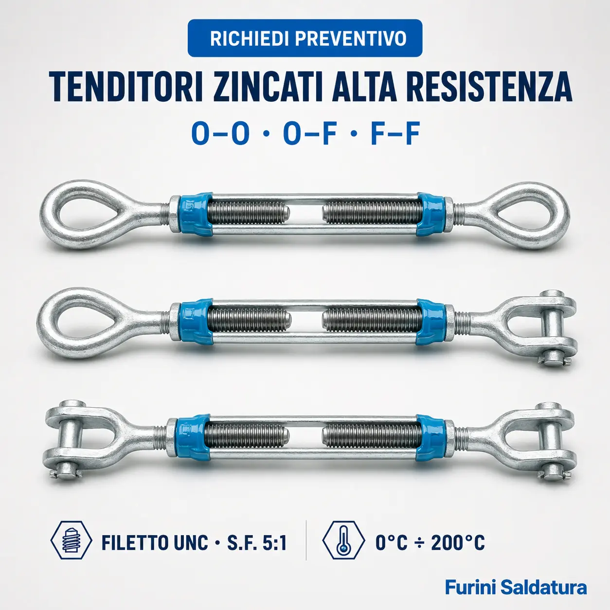 Tenditori in acciaio zincato alta resistenza O-O, O-F e F-F con filetto UNC