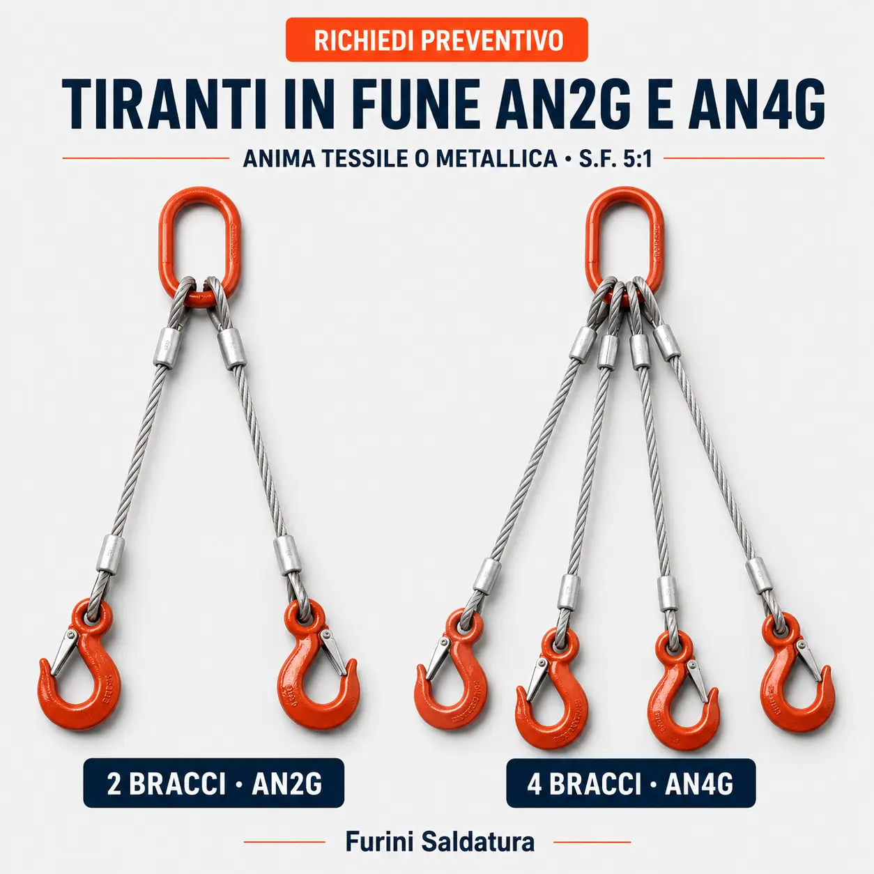 Tiranti in fune AN2G a 2 bracci e AN4G a 4 bracci con campanella e ganci