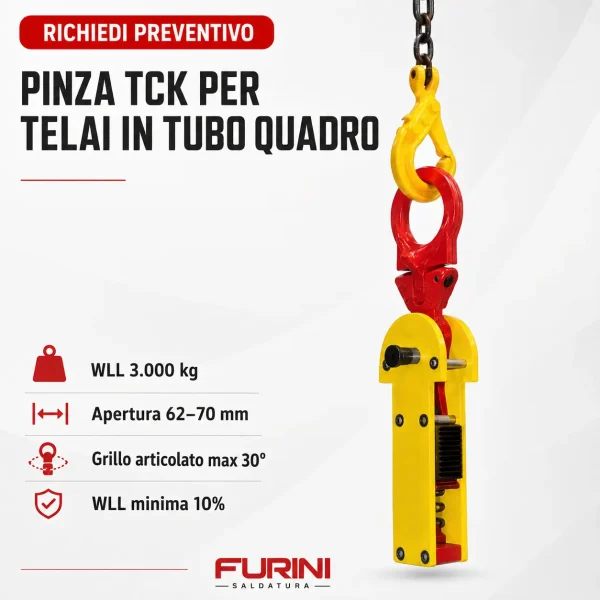 Pinza TCK per sollevamento verticale di telai in tubo quadro con WLL 3000 kg e apertura 62–70 mm