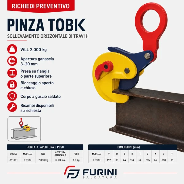 Pinza TOBK per sollevamento orizzontale di travi H con WLL 2000 kg e apertura 3–20 mm