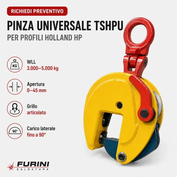 Pinza universale TSHPU per profili Holland HP con grillo articolato e WLL fino a 5000 kg