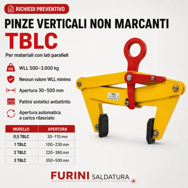 Pinza verticale non marcante TBLC per lastre e blocchi con lati paralleli e apertura fino a 500 mm